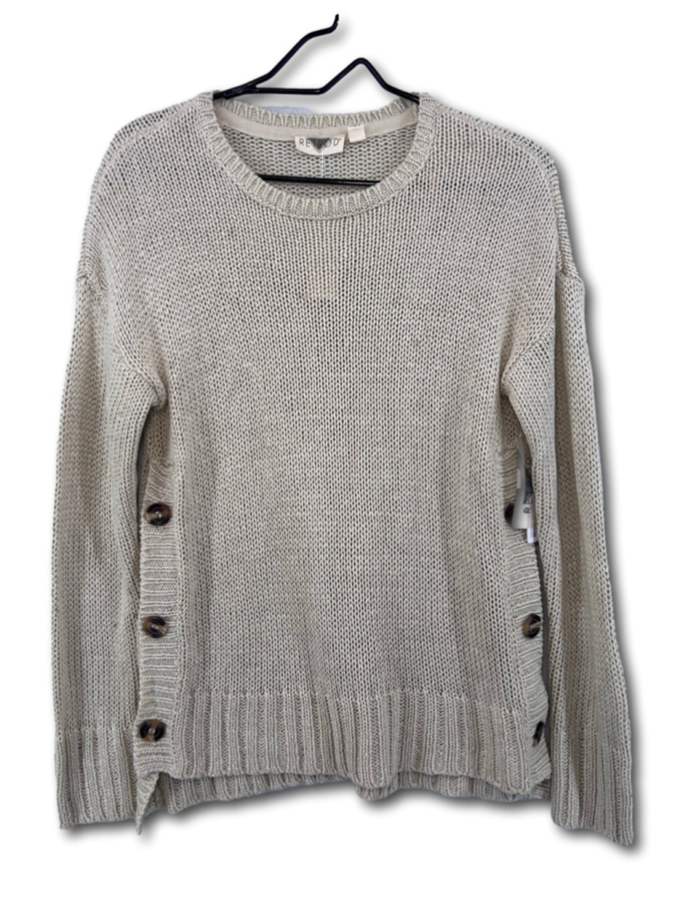 RetRod Knit Pullover Sweater Beige Button Accent Crew Neck Long Sleeve Small NWT